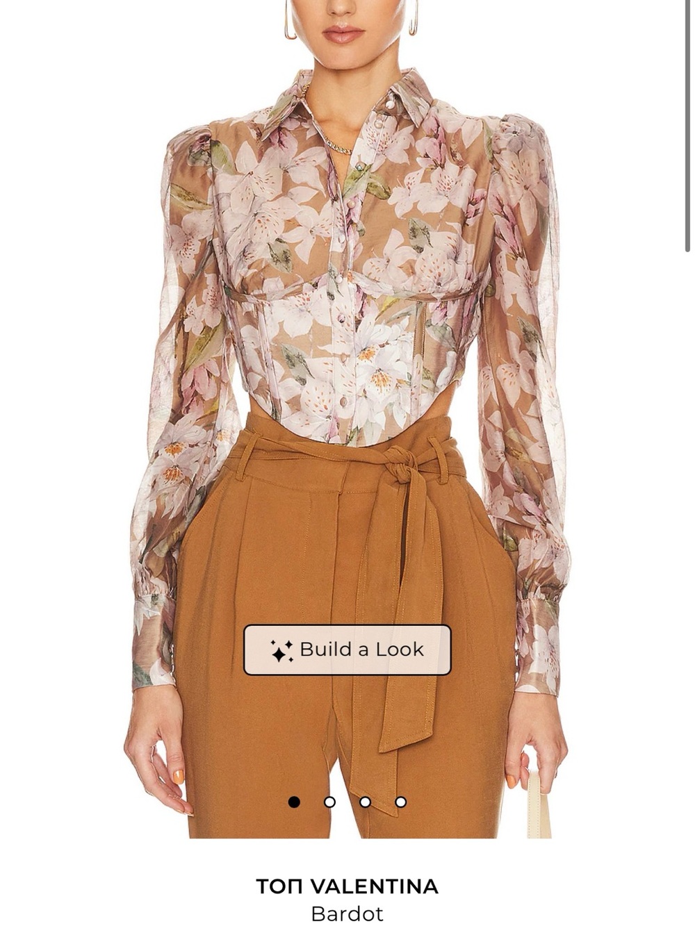 Bardot Sheer Floral Puff-Sleeve Blouse in Pink and Brown - Picture 2 of 15